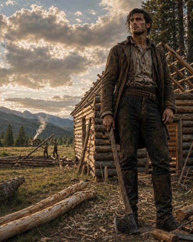 A young man in a muddied coat stands with an axe before a half-built log cabin, mountains behind him.