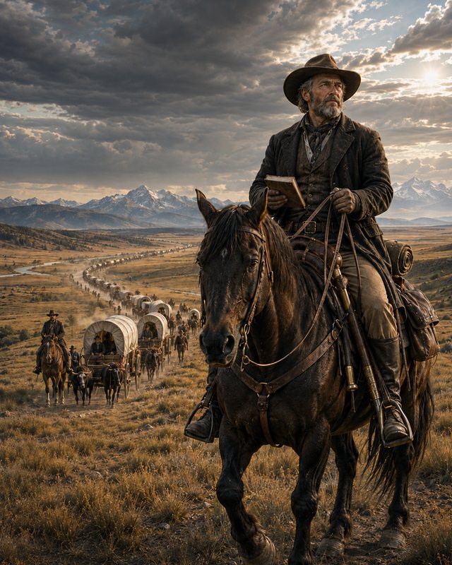 A grey-bearded man in a wide-brimmed hat rides a dark horse along a ridge, holding a small book, with a wagon train strung out in the valley below.