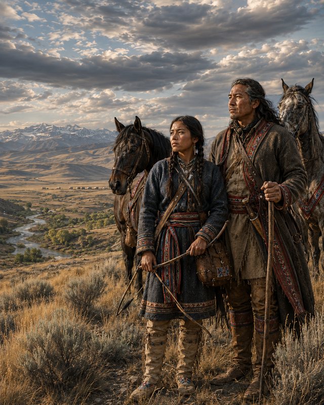 A Umatilla man and his daughter stand with their horses on a grassland ridge above a river valley, she holding a bow, he a long staff.