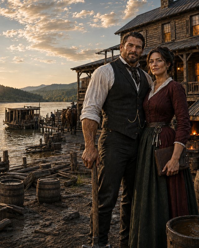 A broad-shouldered man in a waistcoat and a woman in a dark red dress stand together before a timber building on a riverbank at dusk.