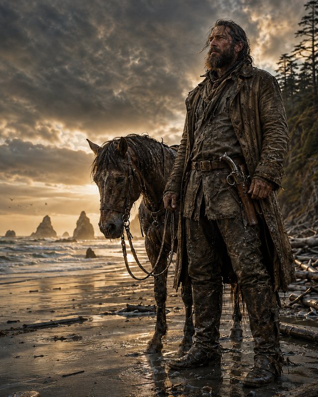 A heavyset, bearded man in a mud-caked oilskin coat stands on a Pacific beach at dusk, holding the reins of a soaked horse.