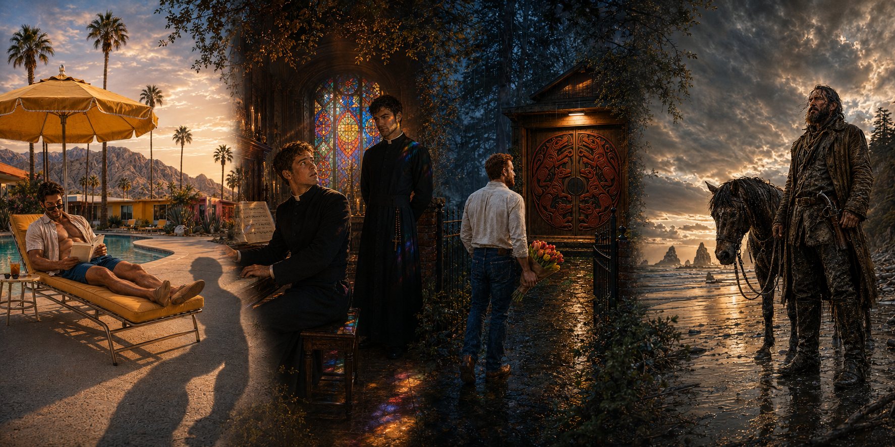 Scenes from the six novels, left to right: a man reading by a desert pool at sunset; two men in clerical black beside a stained-glass window; a man with a bouquet at a carved Pacific Northwest door in the rain; and a rider standing with his horse on a wet shore at dusk.